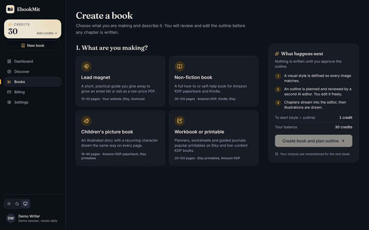The new-book form, prefilled from the chosen topic with the book type's defaults.