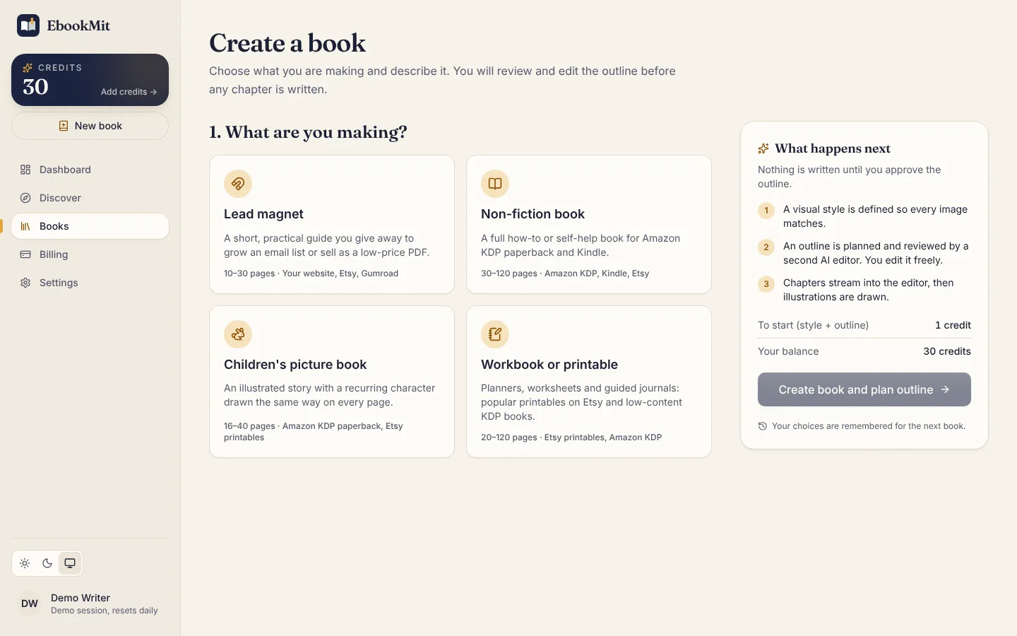 The new-book form, prefilled from the chosen topic with the book type's defaults.